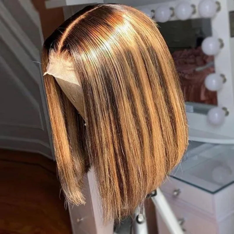 Honey Blonde Highlight P4/27 Bob Wig Human Hair 13x4 HD Lace Frontal Wig Ombre Brown 230% Density