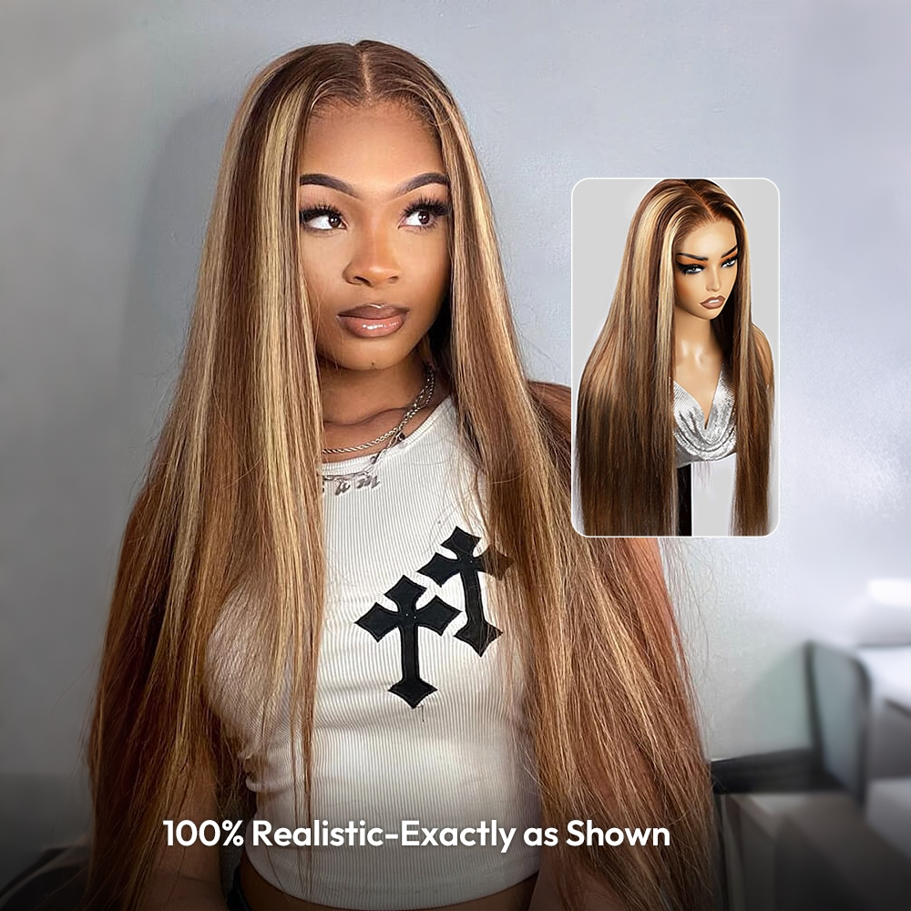 Honey Blonde Highlight Straight 13x6 Full Frontal HD Lace Wig Pull & Go Human Hair Wigs