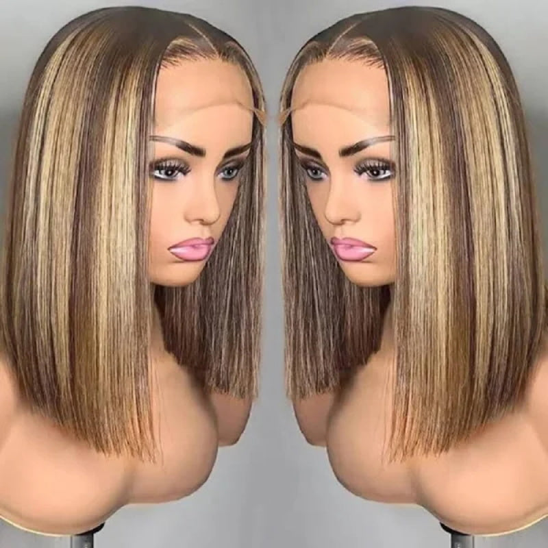 Honey Blonde Highlight P4/27 Bob Wig Human Hair 13x4 HD Lace Frontal Wig Ombre Brown 230% Density