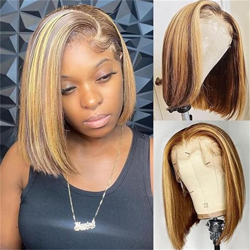 Honey Blonde Highlight P4/27 Bob Wig Human Hair 13x4 HD Lace Frontal Wig Ombre Brown 230% Density