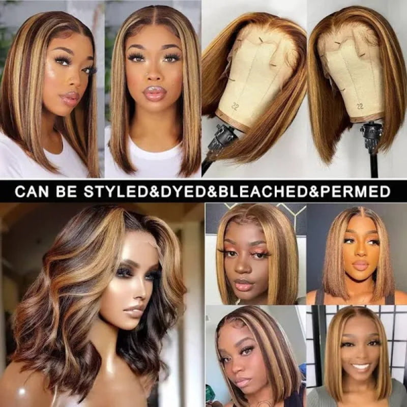 Honey Blonde Highlight P4/27 Bob Wig Human Hair 13x4 HD Lace Frontal Wig Ombre Brown 230% Density
