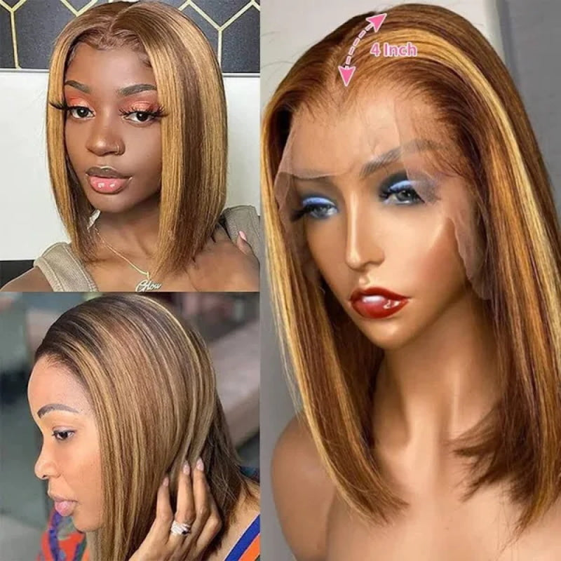 Honey Blonde Highlight P4/27 Bob Wig Human Hair 13x4 HD Lace Frontal Wig Ombre Brown 230% Density