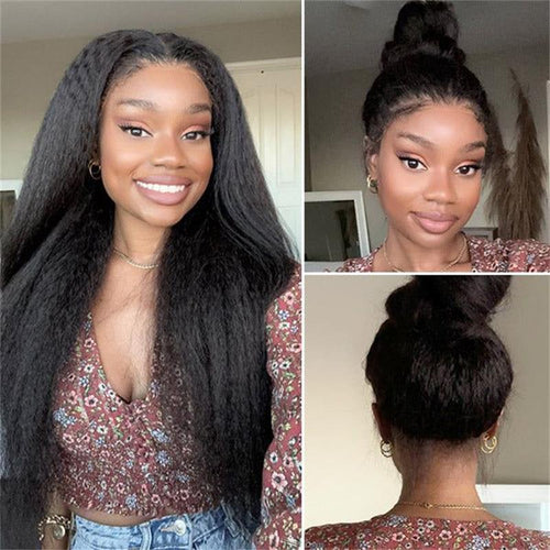 4C Edge Kinky Straight 220% Density 360 HD Invisible Lace Frontal Human Hair Wig With Super Natural Hairline