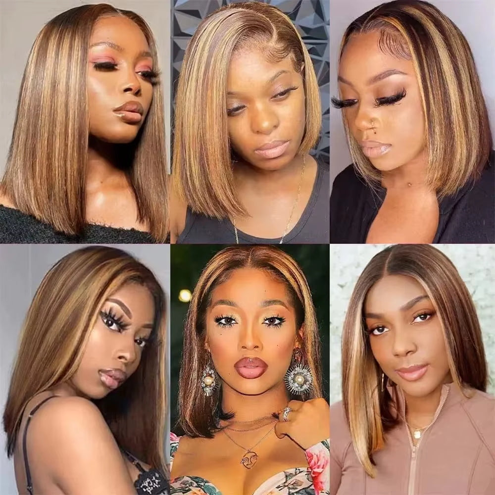 Honey Blonde Highlight P4/27 Bob Wig Human Hair 13x4 HD Lace Frontal Wig Ombre Brown 230% Density