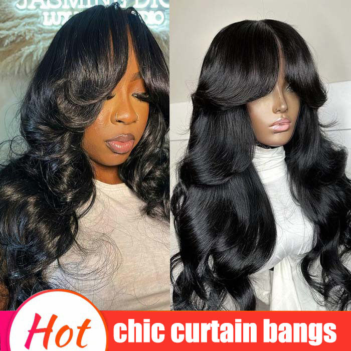 Curtain Bangs Body Wave Glueless HD Lace Frontal Human Hair Wigs Bleached Knots with Adjustable Strap