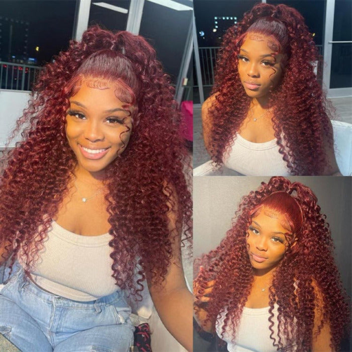 Color 99j Burgundy Deep Wave Human Hair Wigs Pre Colored HD Lace Front Wigs