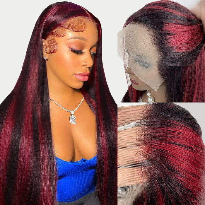 Black Wig With 99J Burgundy Highlight Mixed Colored 13*4 HD Lace Front Human Hair Wigs 180% Density