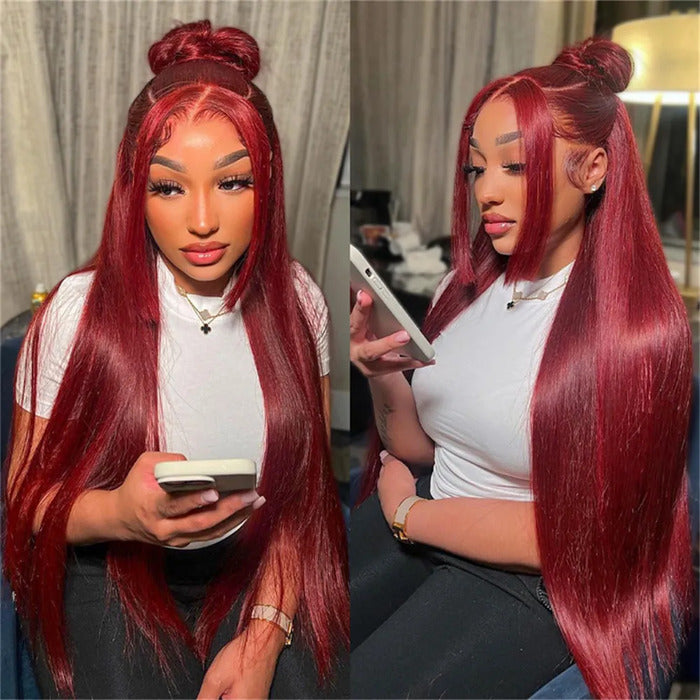 Pizazz 13x6 99j Burgundy Lace Front Wigs Human Hair Pre Plucked HD Straight Lace Front Wigs Human hair Glueless 30 Inch Red Wig