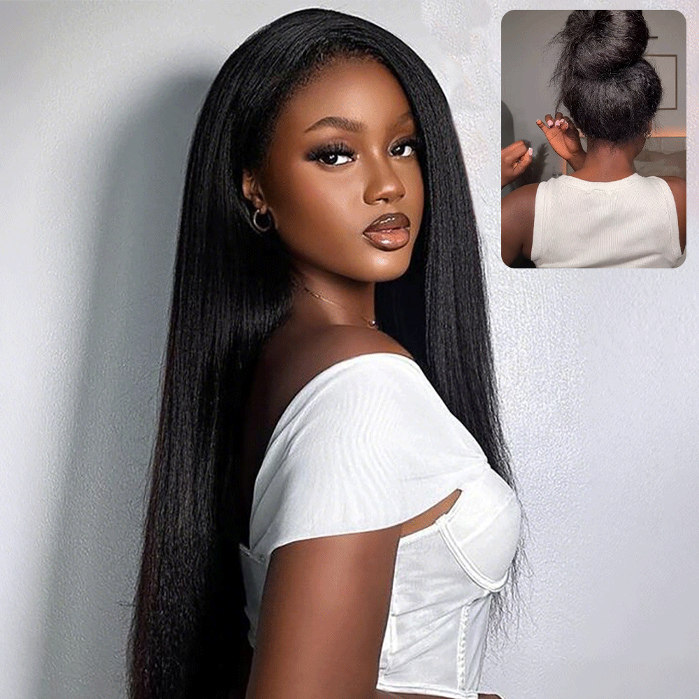 Pizazz Hair Yaki Straight Invisi-Drawstring 360 Glueless Wig Pre-Cut Lace Pre Bleached Knots Fit All Head