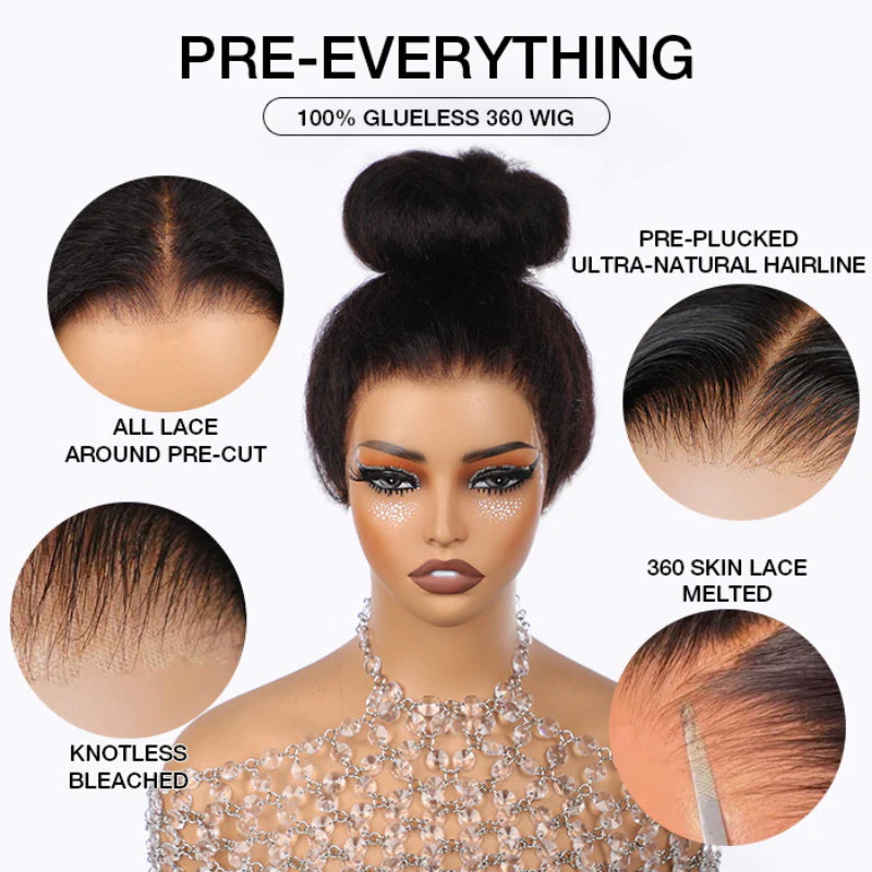 Pizazz Hair Yaki Straight Invisi-Drawstring 360 Glueless Wig Pre-Cut Lace Pre Bleached Knots Fit All Head