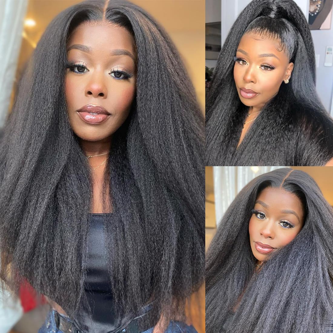 Pizazz Hair Yaki Straight Invisi-Drawstring 360 Glueless Wig Pre-Cut Lace Pre Bleached Knots Fit All Head