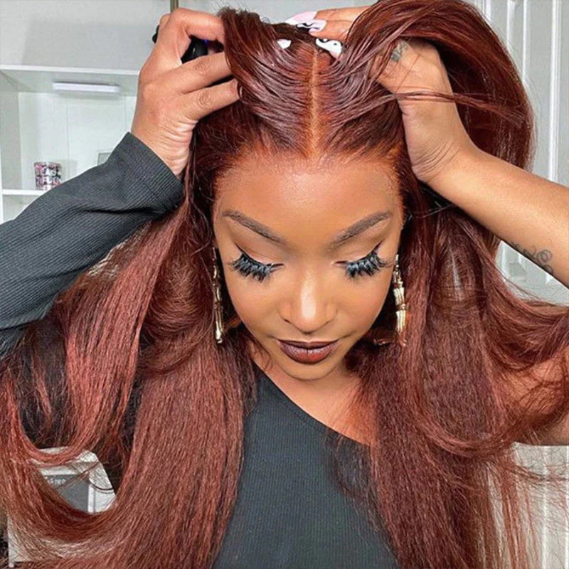 #33 Reddish Brown Kinky Straight Wig Autumn Color Glueless HD Lace Front Human Hair Wigs