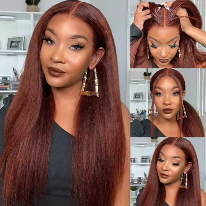 #33 Reddish Brown Kinky Straight Wig Autumn Color Glueless HD Lace Front Human Hair Wigs