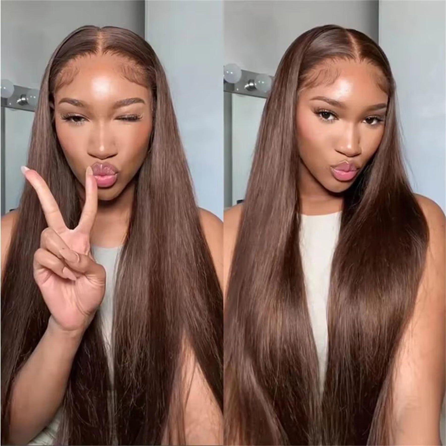Pizazz New 4# Chocolate Brown Straight 13X6 HD Lace Human Hair Wigs Pre Plucked Hairline 180% Density