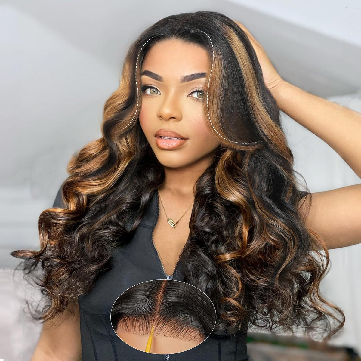 Curtain Bangs 1B/30 Auburn Balayage Highlight Body Wave 13x6 Deep Part Glueless HD Lace Frontal Human Hair Wig
