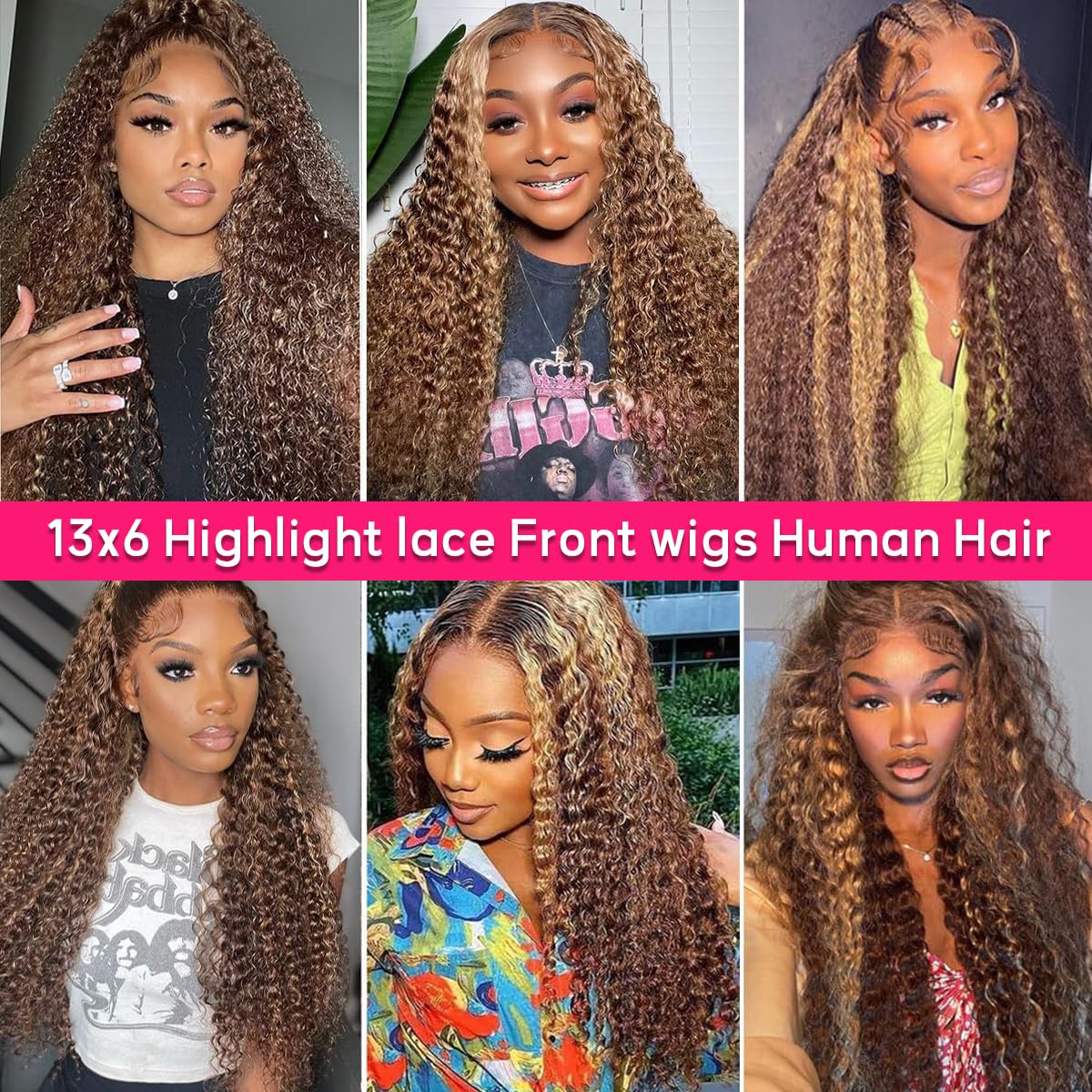 Pizazz Hair 13x6 Highlight 4/27 Color Deep Wave Lace Front Wigs Human Hair Ombre Curly Glueless Wig