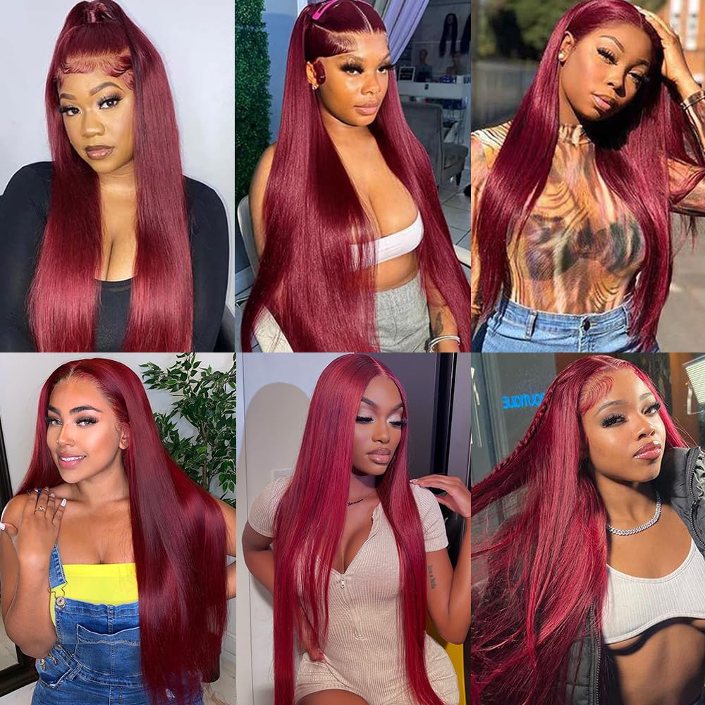 Pizazz 13x6 99j Burgundy Lace Front Wigs Human Hair Pre Plucked HD Straight Lace Front Wigs Human hair Glueless 30 Inch Red Wig