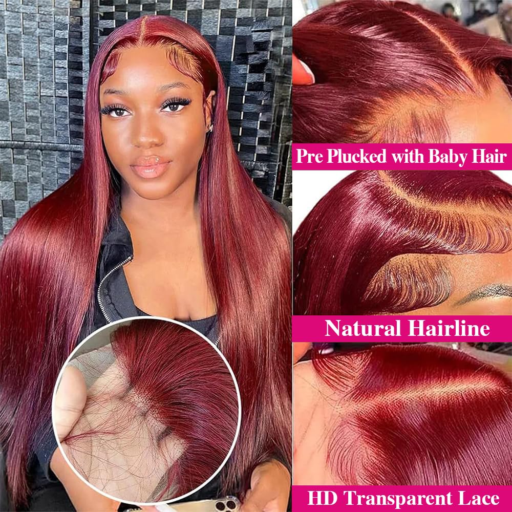 Pizazz 13x6 99j Burgundy Lace Front Wigs Human Hair Pre Plucked HD Straight Lace Front Wigs Human hair Glueless 30 Inch Red Wig