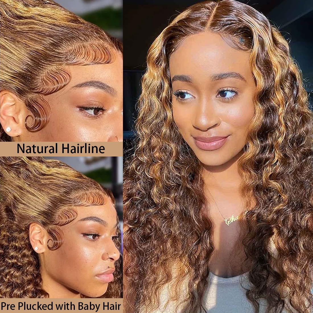 Pizazz Hair 13x6 Highlight 4/27 Color Deep Wave Lace Front Wigs Human Hair Ombre Curly Glueless Wig