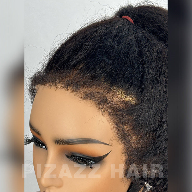 Pizazz Hair 4C Edges Invisi Strap Snug Fit 360 hd Lace Frontal Kinky Straight Wig with Pre Plucked Hairline Human Hair Wigs