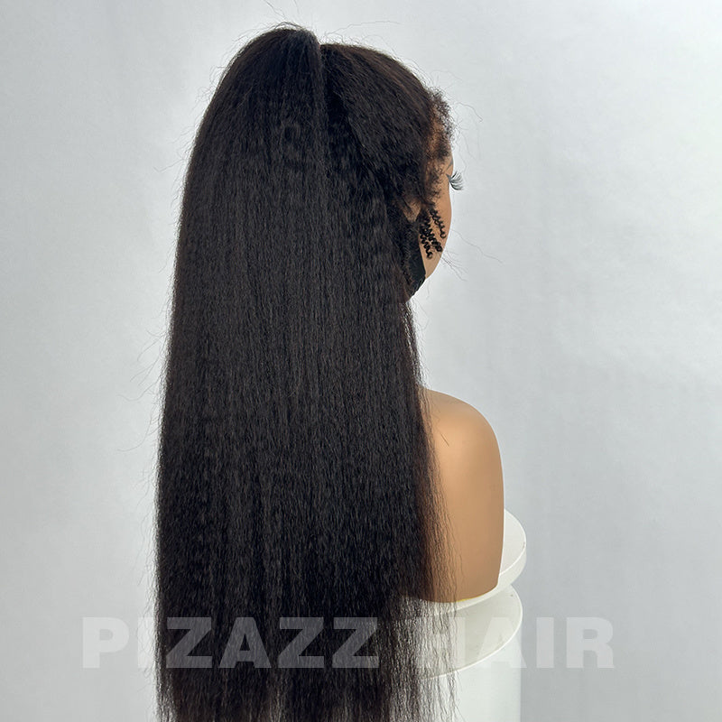 Pizazz Hair 4C Edges Invisi Strap Snug Fit 360 hd Lace Frontal Kinky Straight Wig with Pre Plucked Hairline Human Hair Wigs