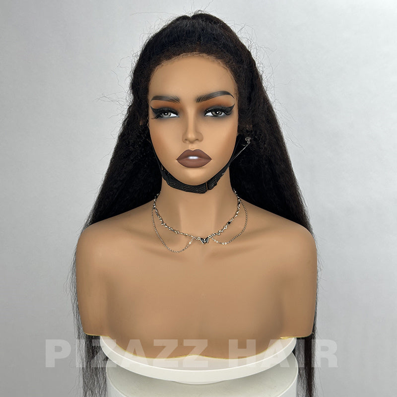 Pizazz Hair 4C Edges Invisi Strap Snug Fit 360 hd Lace Frontal Kinky Straight Wig with Pre Plucked Hairline Human Hair Wigs