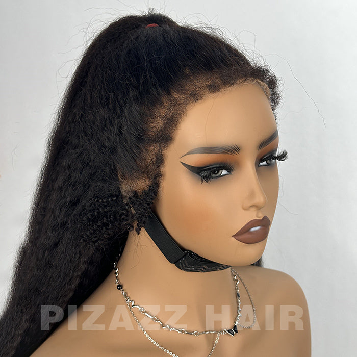 Pizazz Hair 4C Edges Invisi Strap Snug Fit 360 hd Lace Frontal Kinky Straight Wig with Pre Plucked Hairline Human Hair Wigs
