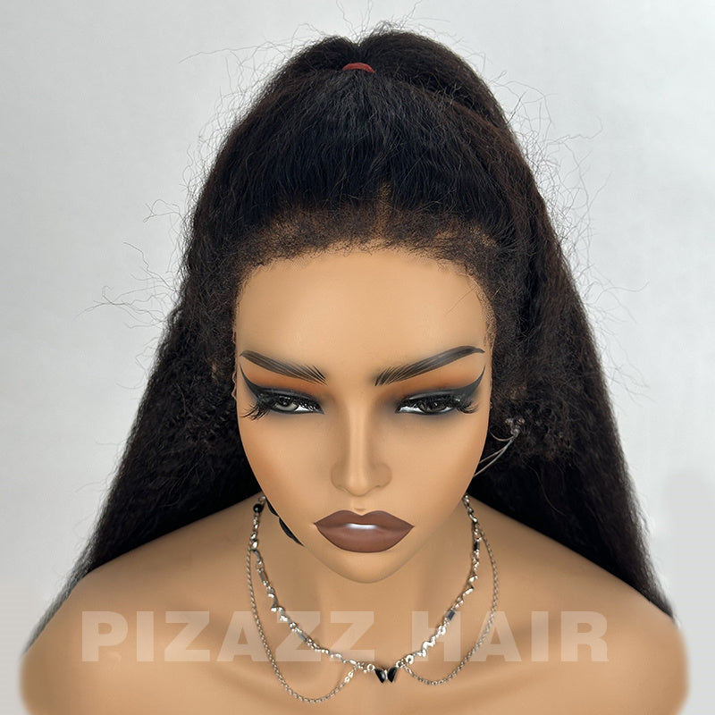 Pizazz Hair 4C Edges Invisi Strap Snug Fit 360 hd Lace Frontal Kinky Straight Wig with Pre Plucked Hairline Human Hair Wigs