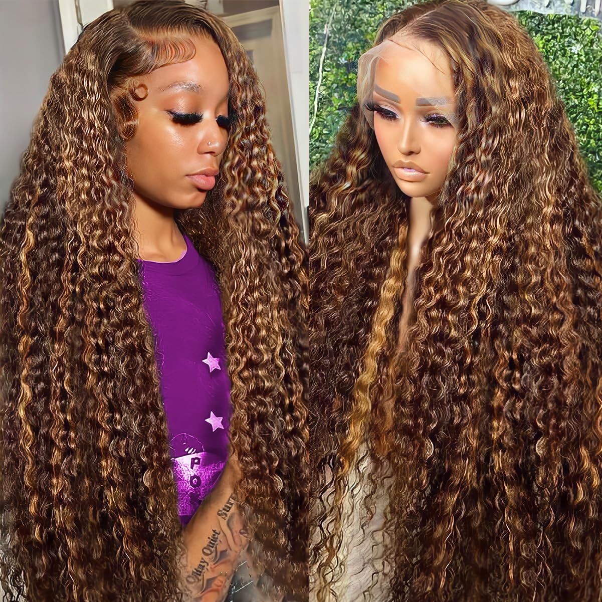 Pizazz Hair 13x6 Highlight 4/27 Color Deep Wave Lace Front Wigs Human Hair Ombre Curly Glueless Wig
