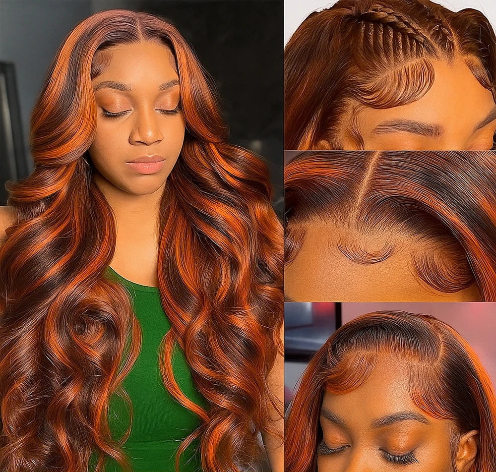 Pizazz Hair #4/350 Red Copper Highlight Body Wave 13x6 Full Lace Front Wigs Human Hair Pre Plucked for Women (26Inch) 180% Density