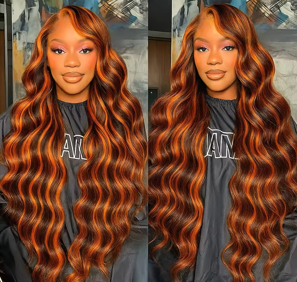 Pizazz Hair #4/350 Red Copper Highlight Body Wave 13x6 Full Lace Front Wigs Human Hair Pre Plucked for Women (26Inch) 180% Density