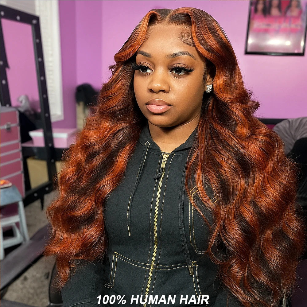 Pizazz Hair #4/350 Red Copper Highlight Body Wave 13x6 Full Lace Front Wigs Human Hair Pre Plucked for Women (26Inch) 180% Density
