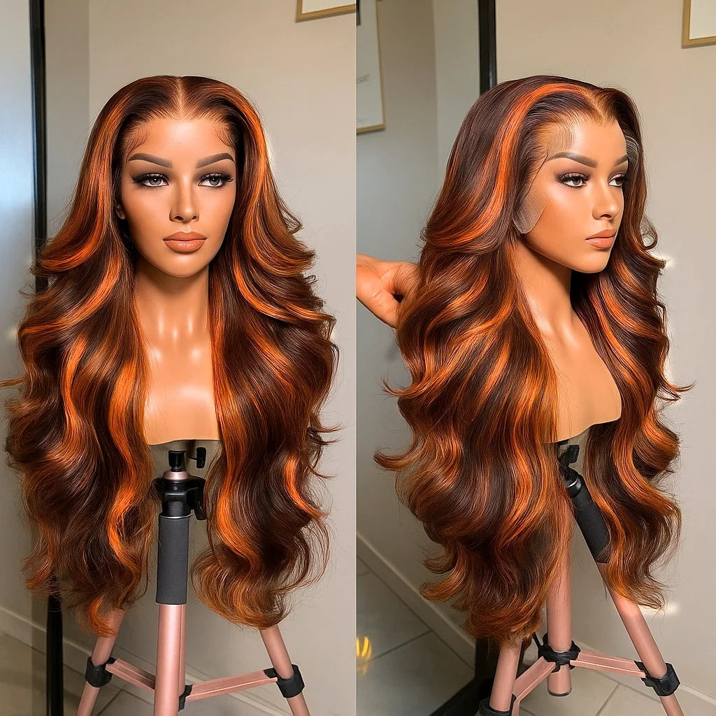 Pizazz Hair #4/350 Red Copper Highlight Body Wave 13x6 Full Lace Front Wigs Human Hair Pre Plucked for Women (26Inch) 180% Density