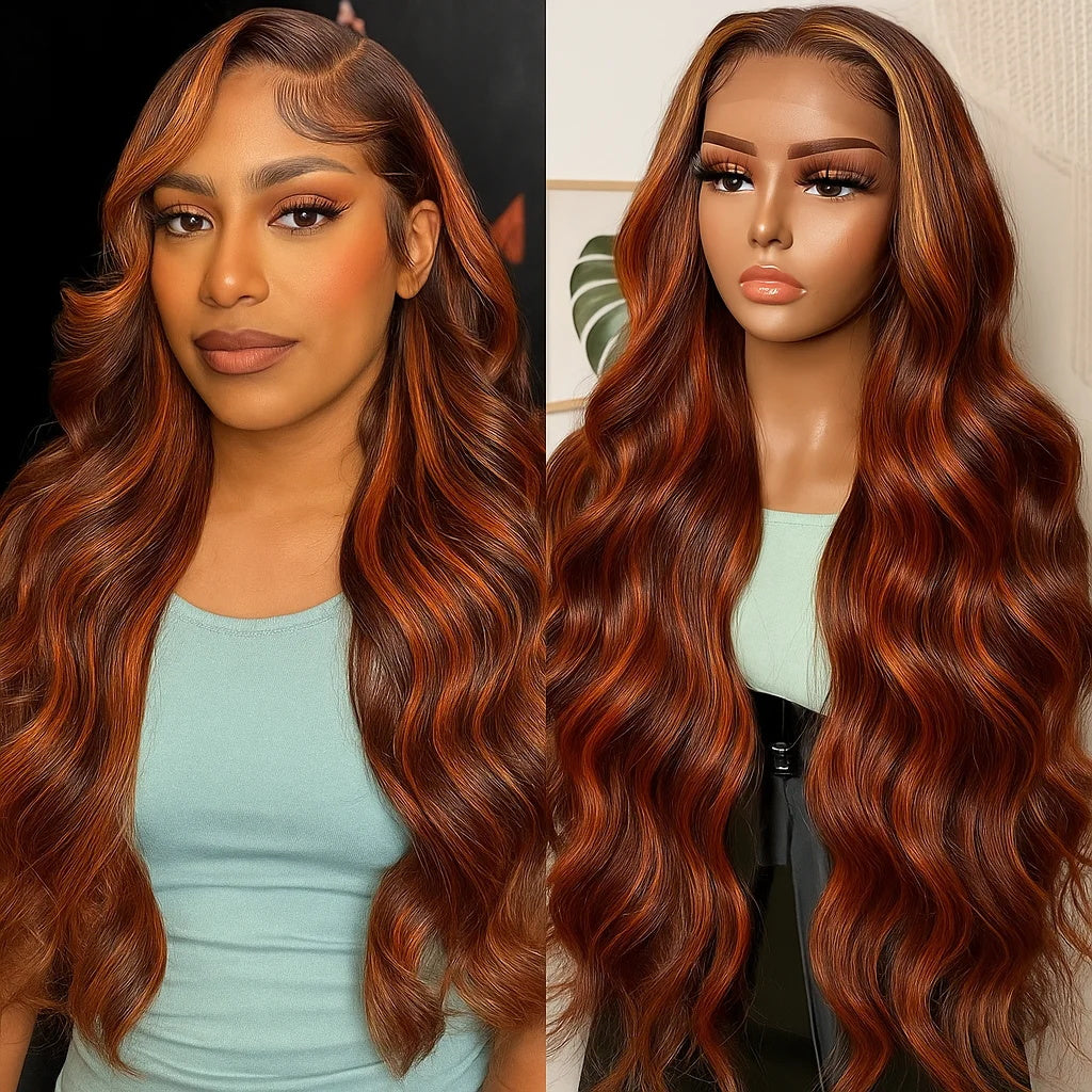 Pizazz Hair #4/350 Red Copper Highlight Body Wave 13x6 Full Lace Front Wigs Human Hair Pre Plucked for Women (26Inch) 180% Density
