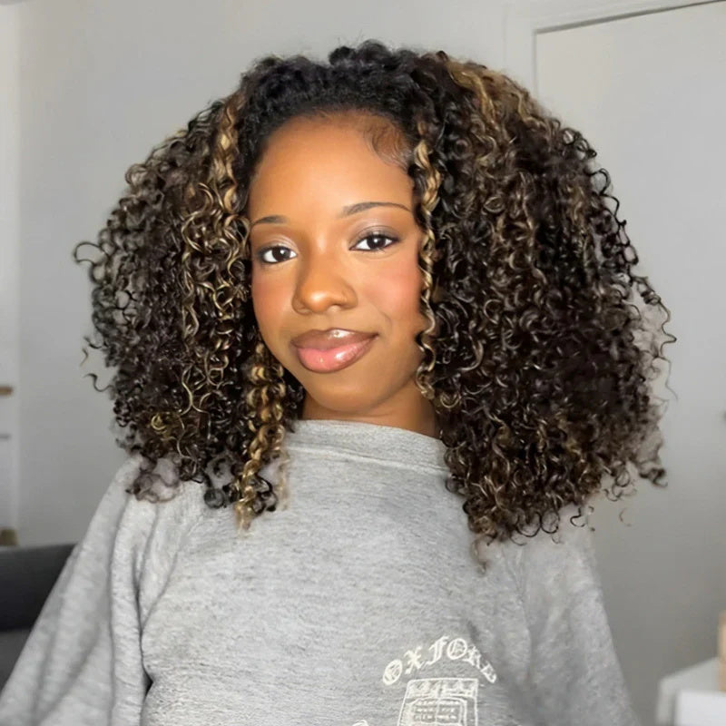 Pizazz Hair Honey Blonde Afro Curly 4C Edges Curly Bob Wigs Human Hair 8x5 Wear Go Wig With Curly Edges Baby Hair