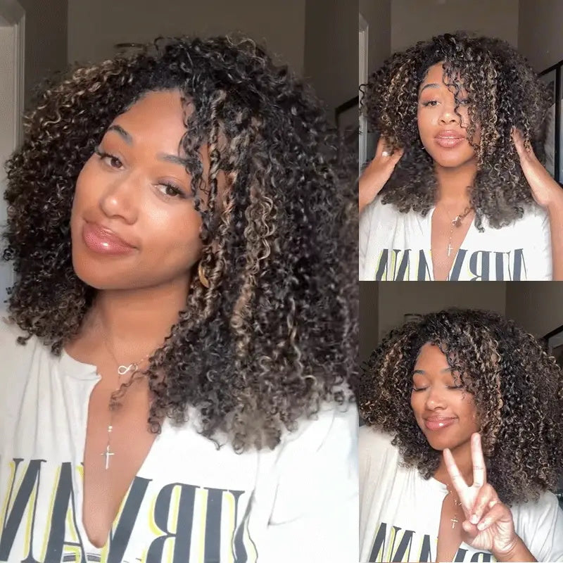 Pizazz Hair Honey Blonde Afro Curly 4C Edges Curly Bob Wigs Human Hair 8x5 Wear Go Wig With Curly Edges Baby Hair