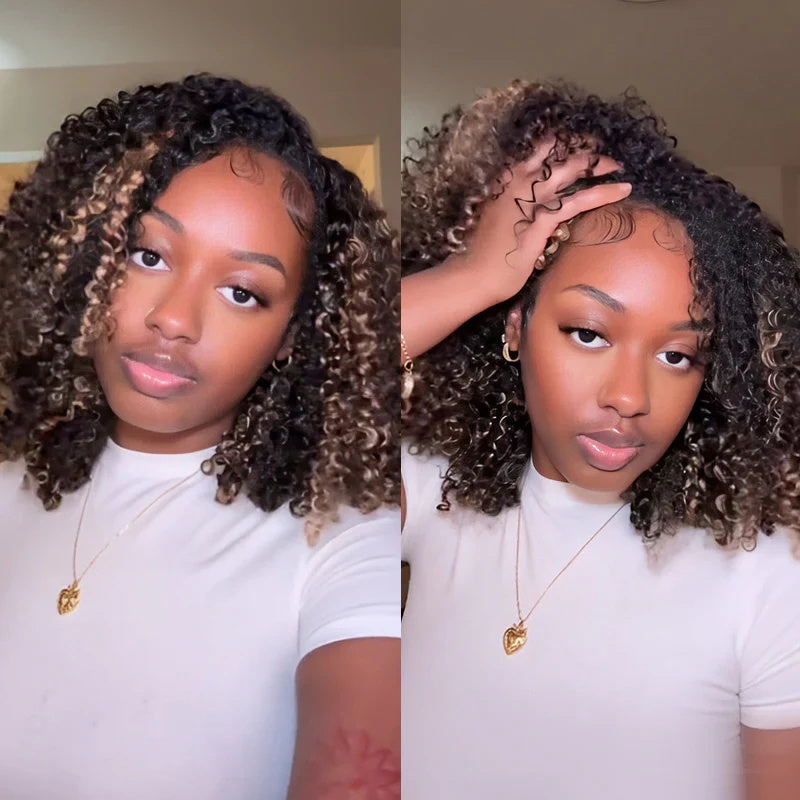 Pizazz Hair Honey Blonde Afro Curly 4C Edges Curly Bob Wigs Human Hair 8x5 Wear Go Wig With Curly Edges Baby Hair