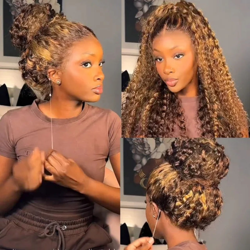Invisi-Strap Snug Fit 360 HD Transparent Lace P4/27 Highlight Ombre Color Water Wave Wig Pre Plucked Hair 220% Density