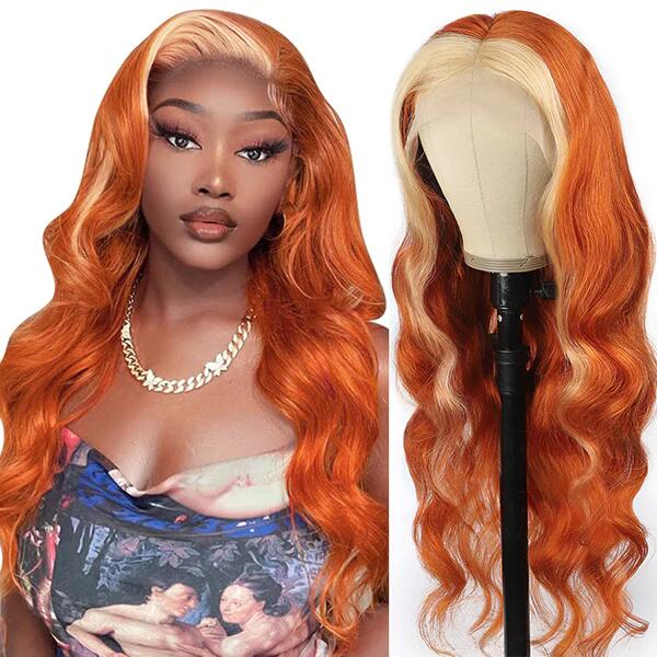 Ginger Wig With Blonde Highlights Body Wave Human Hair HD Lace Front Wigs