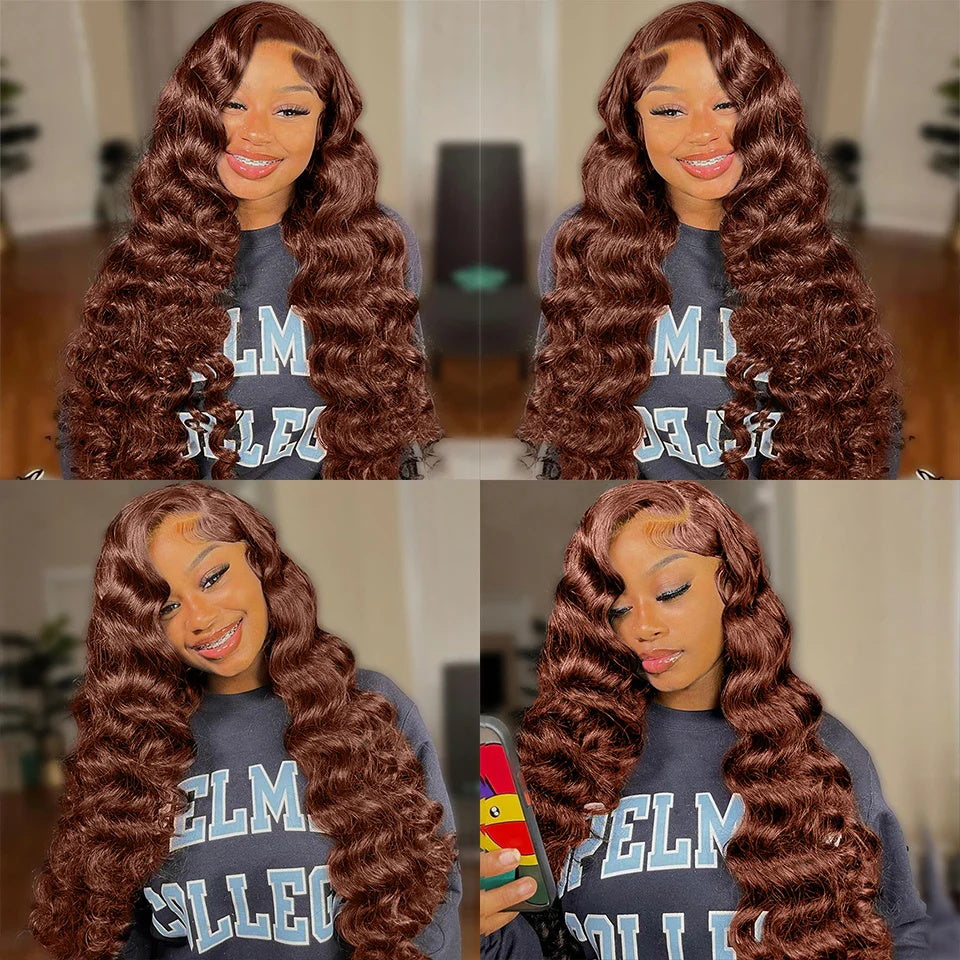 Pizazz 4# Chocolate Brown Loose Deep Wave 13x4 Lace Frontal Wig Wand Curls Human Hair Wigs