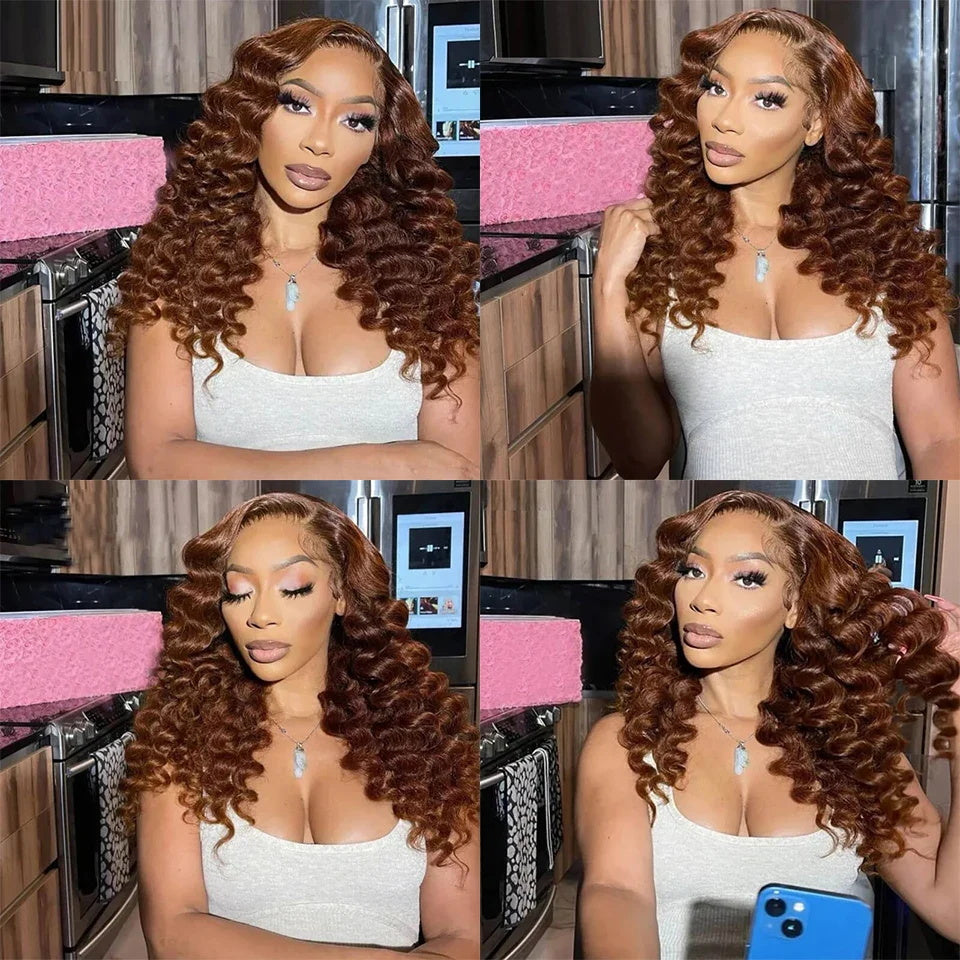 Pizazz 4# Chocolate Brown Loose Deep Wave 13x4 Lace Frontal Wig Wand Curls Human Hair Wigs