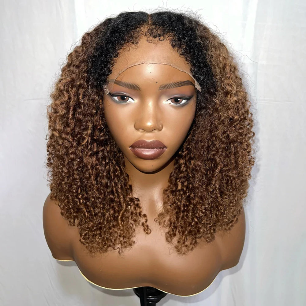 Pizazz 4C Edges Black Brown Ombre Jerry Culry Kinky Edges 13x6 HD Lace Front Wig 100% Human Hair