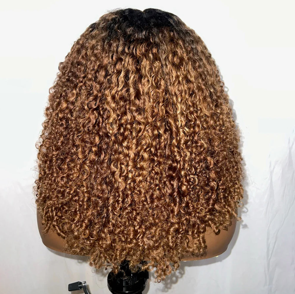 Pizazz 4C Edges Black Brown Ombre Jerry Culry Kinky Edges 13x6 HD Lace Front Wig 100% Human Hair