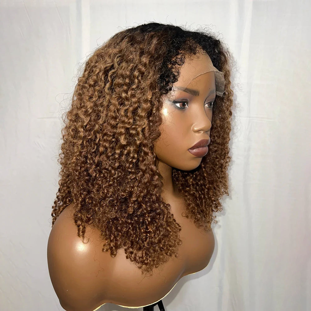 Pizazz 4C Edges Black Brown Ombre Jerry Culry Kinky Edges 13x6 HD Lace Front Wig 100% Human Hair