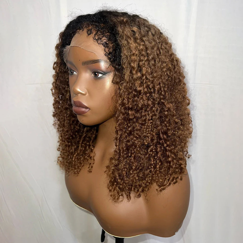 Pizazz 4C Edges Black Brown Ombre Jerry Culry Kinky Edges 13x6 HD Lace Front Wig 100% Human Hair