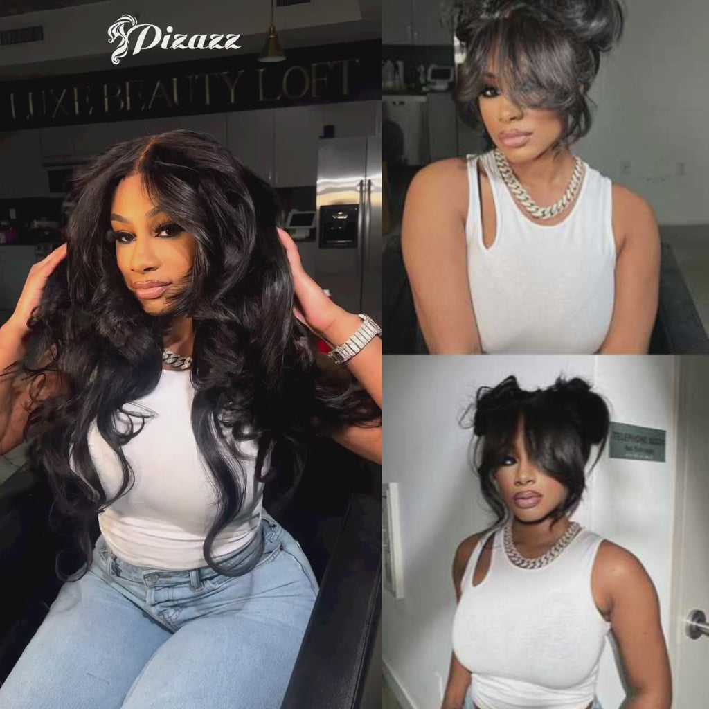 body wave wig with curtain bangs hd lace wig