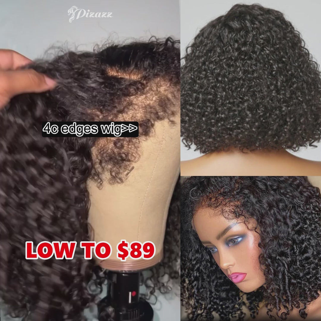 4C Hairline Wear Go & Glueless Kinky Curly 13x4 HD Lace Front Bob Wig With Curly Edges Baby Hair