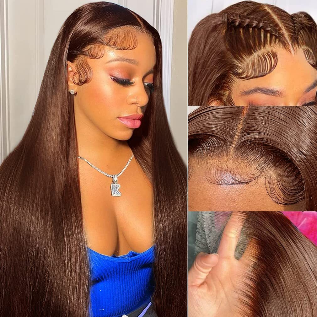 Pizazz New 4# Chocolate Brown Straight 13X6 HD Lace Human Hair Wigs Pre Plucked Hairline 180% Density