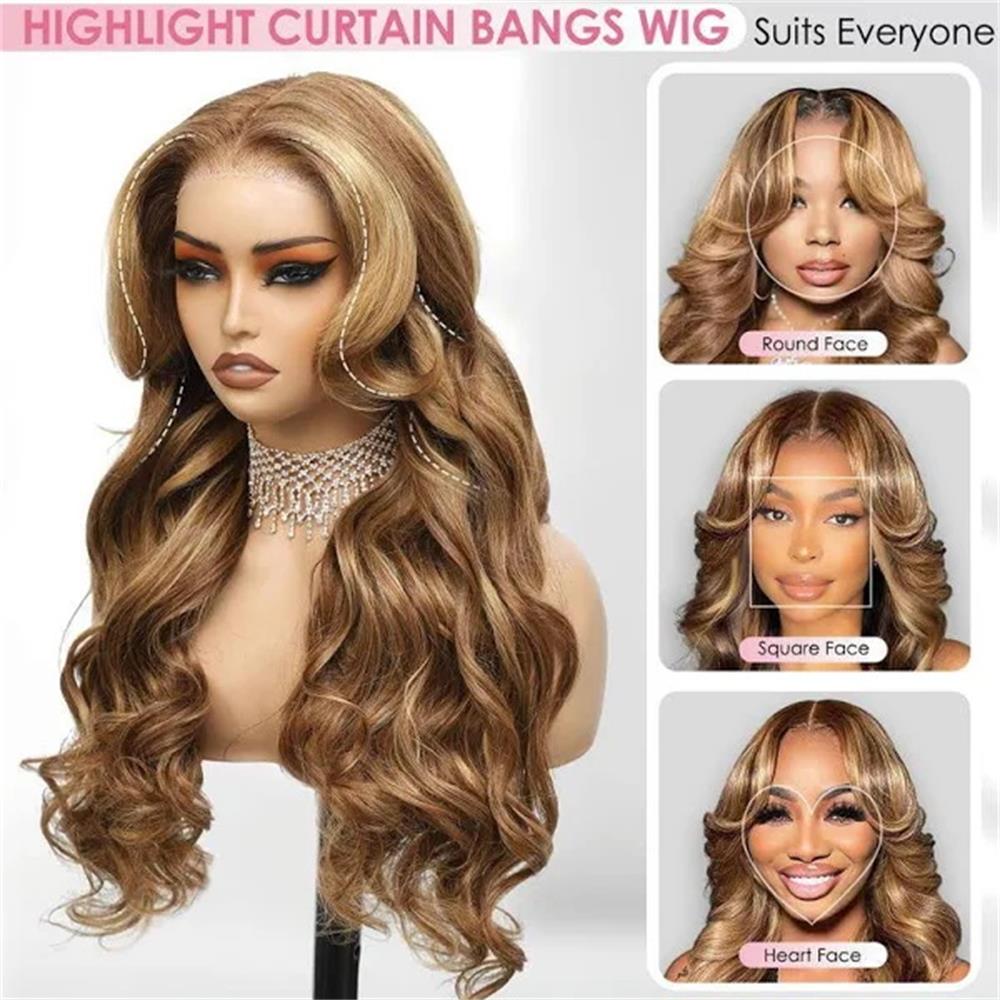 Curtain Bangs Highlight Honey Blonde Ombre 4/27 Body Wave Human Hair Glueless HD Lace Wigs