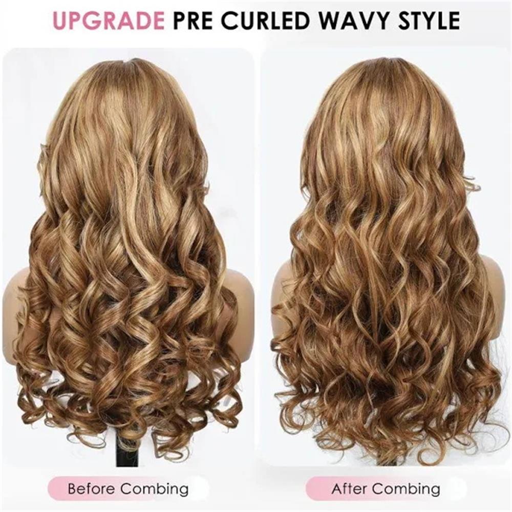 Curtain Bangs Highlight Honey Blonde Ombre 4/27 Body Wave Human Hair Glueless HD Lace Wigs